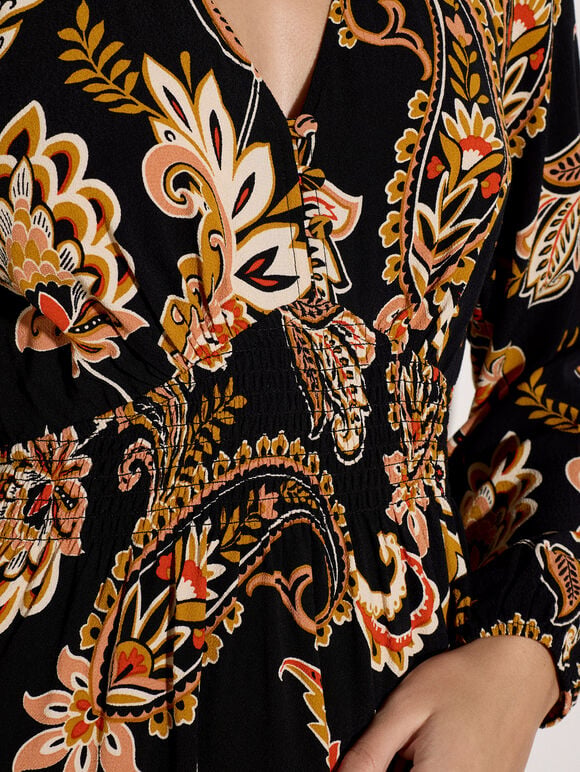 Crepe Folk Floral Midi Dress, Black, large