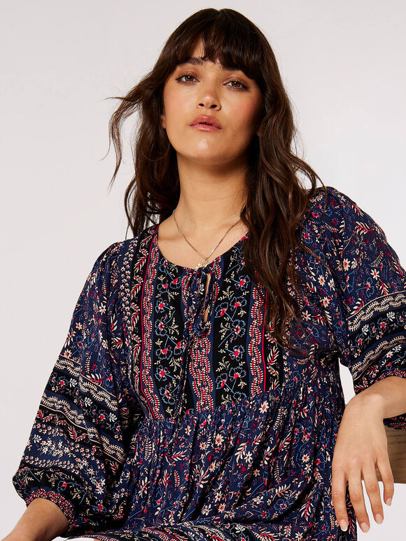 Folk Border Print Mini Dress, Red, large