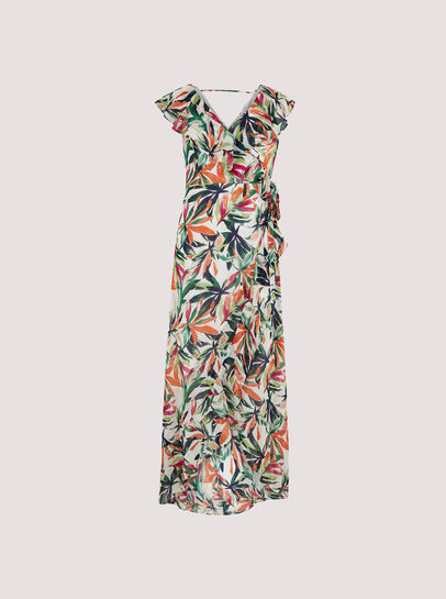 Palm Print Ruffle Wrap Midi Dress