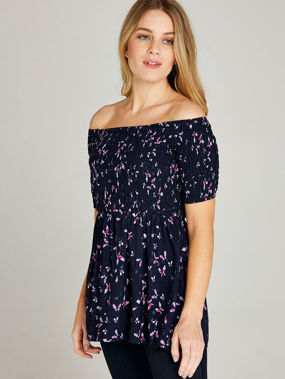 Navy Smock Butterfly Bardot Top, Navy, large