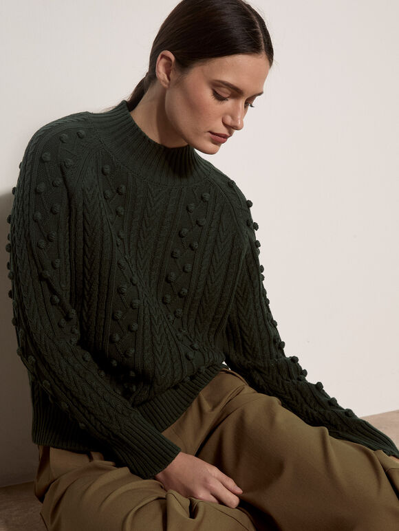 Bobble Cable Knit Jumper, Green, large