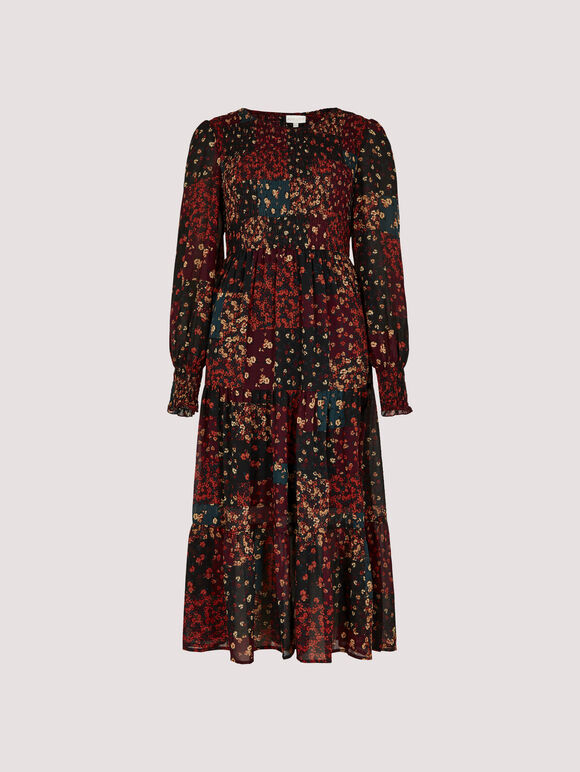 Patchwork Chiffon Midi Dress, Black, large