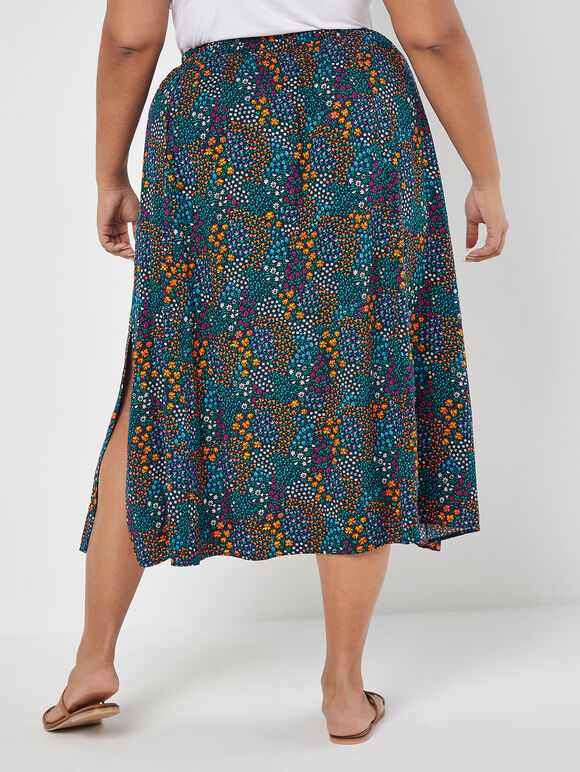 Curve Ditsy Floral Split Hem Midi Skirt, Navy, large