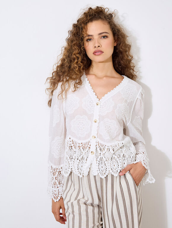 Embroidered Daisies Crochet Lace Top, White, large