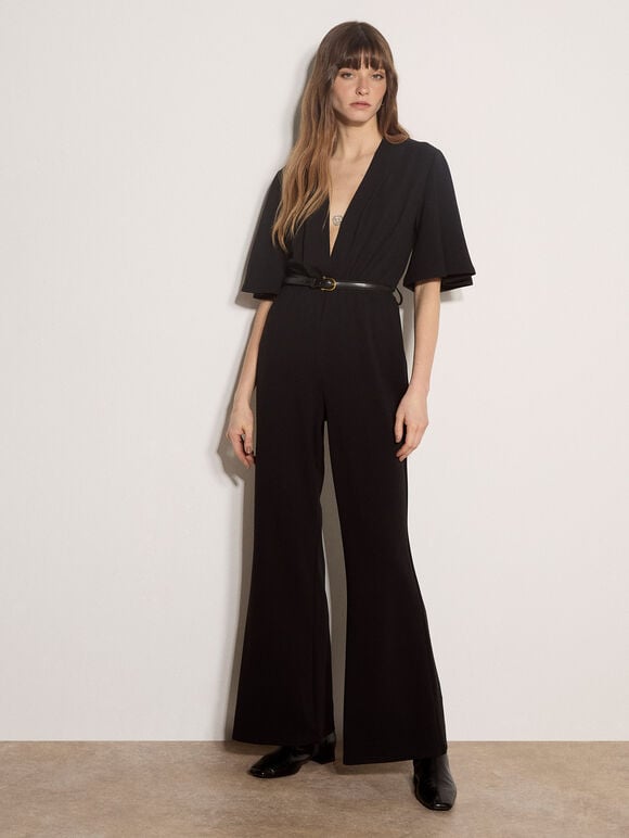 Jersey Crepe Straight-Leg Jumpsuit, Black, large