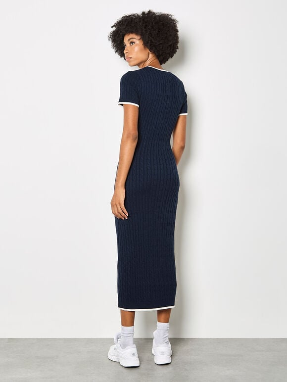 Cable Knit Contrast Trim Midi Dress, Navy, large
