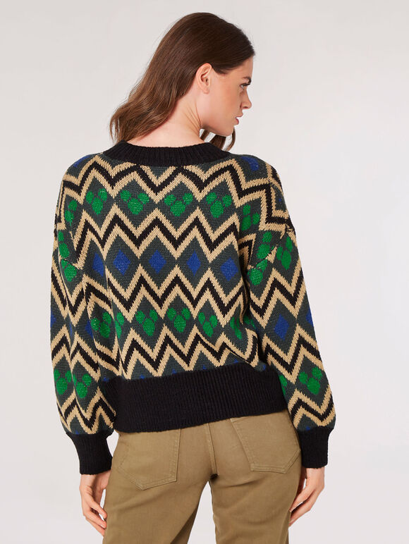 Geometrischer Chevron-Pullover, Grün, groß