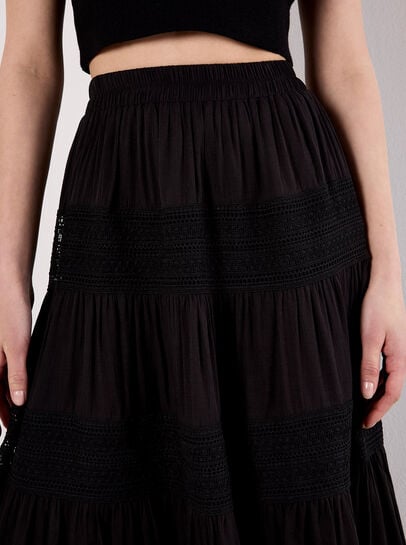 Crochet Panel Tiered Midi Skirt