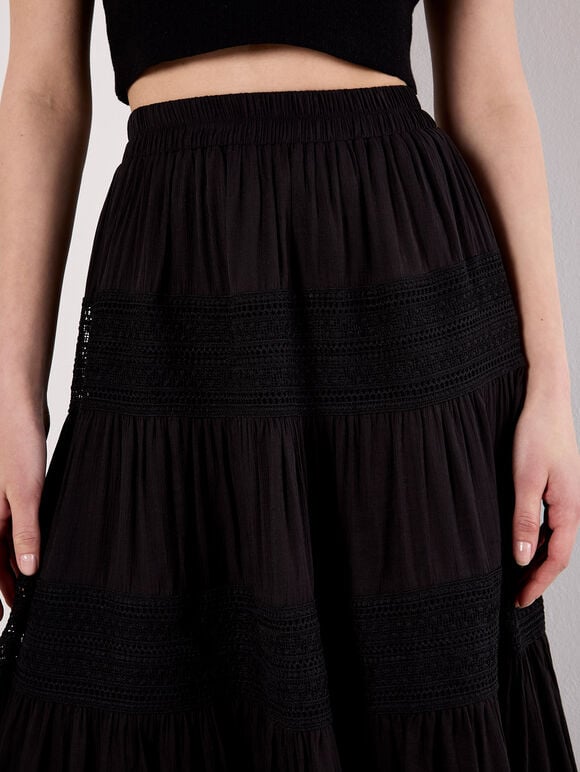 Crochet Panel Tiered Midi Skirt, Black, large