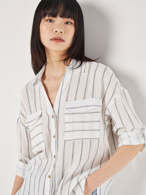 Cotton Stripe Boxy Shirt, White, large