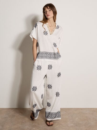 Paisley Embroidered Wide-Leg Trousers
