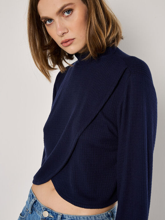 Waffle Knit Wrap Top, Navy, large