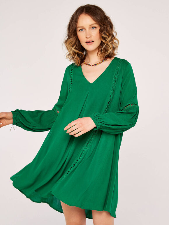 Lace Detail Smock Dress, Green, large