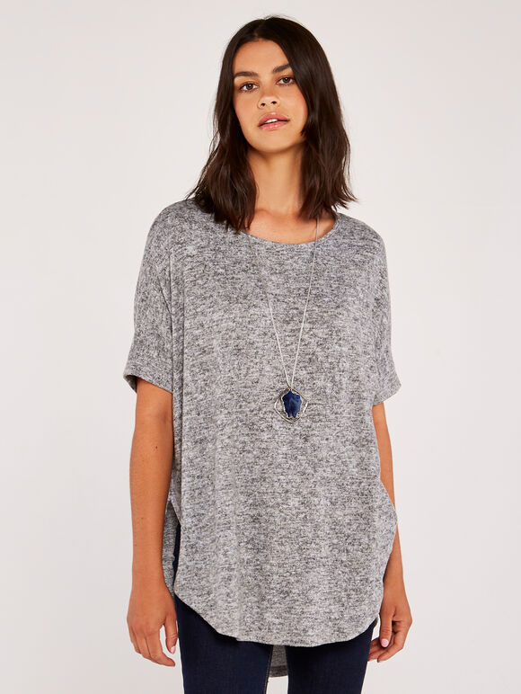 Short Sleeve Drop Shoulder Top, Grey, large