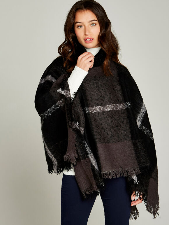 Colourblock Stripe Boucle Poncho, Dark Grey - Charcoal, large