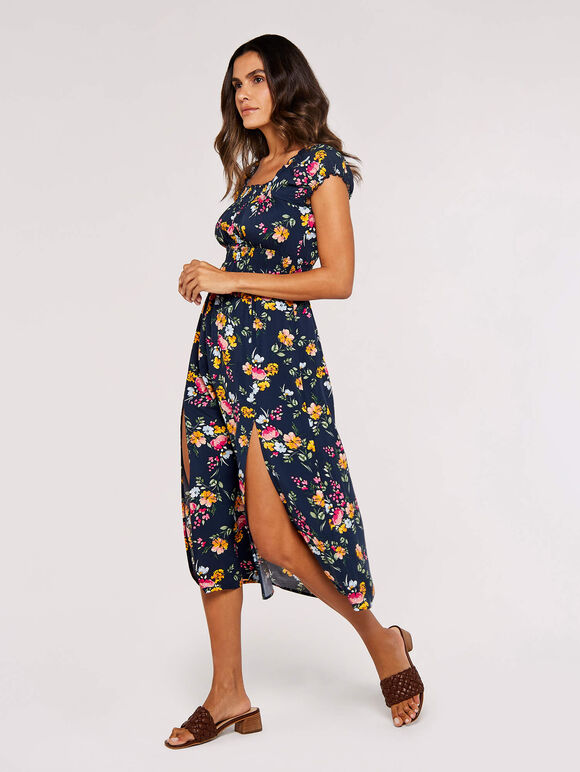 Floral Milkmaid Midi Dress, Navy, large