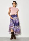 Patchwork Print Tiered Maxi Skirt, Purple, large