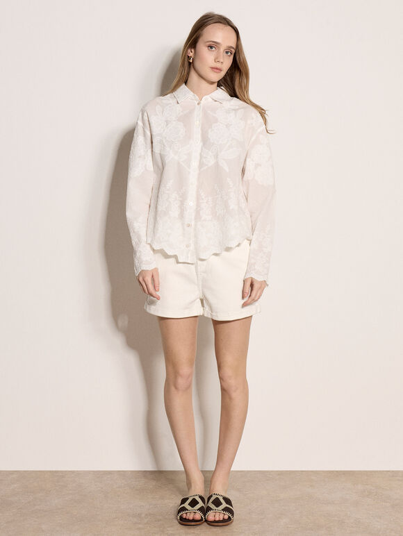 Embroidered Floral Cotton Shirt, White, large