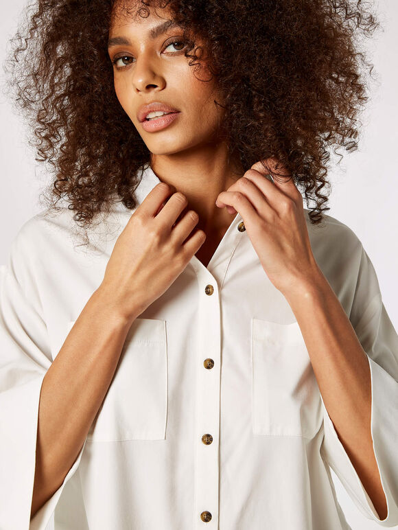 Cropped Wide Sleeve Shirt, White, large