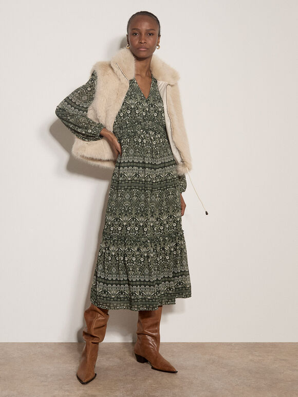 Floral Print Ruffle Midi Dress, Green, large