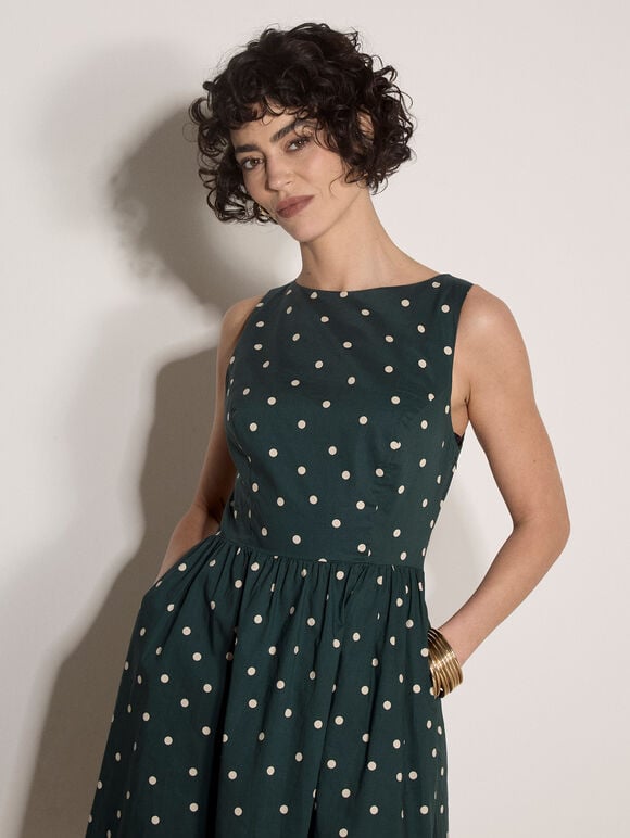 Polka Dot A-Line Cotton Midi Dress, Green, large