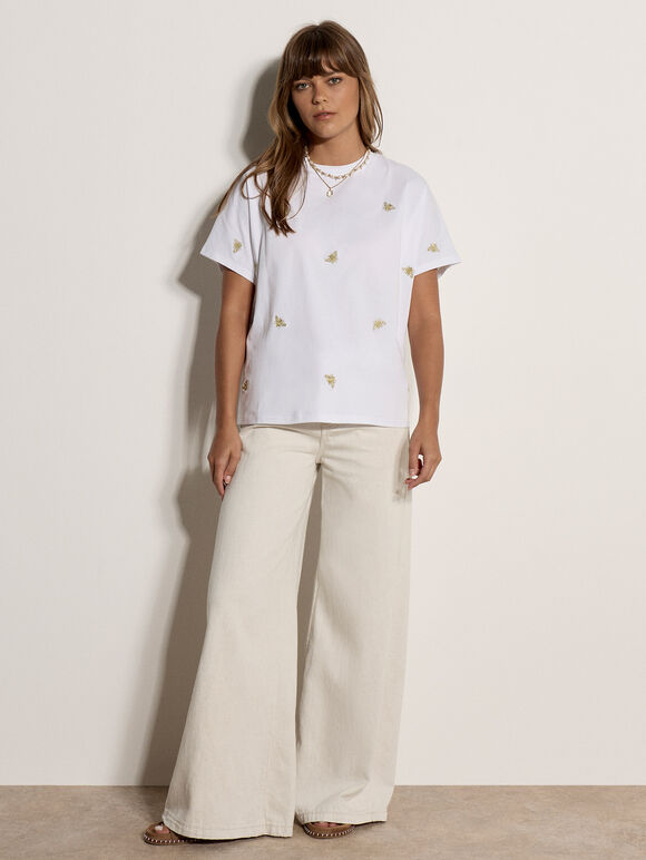 Gold Bee Embroidered T-Shirt, White, large