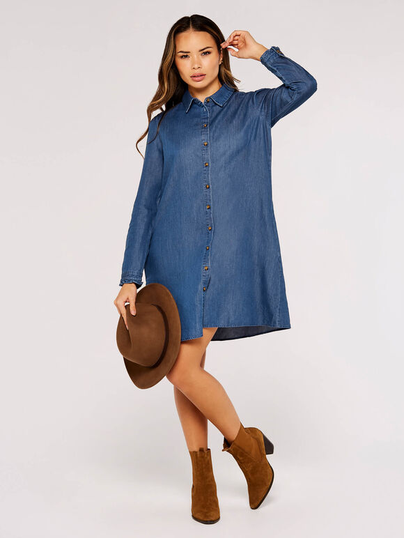 Ruffle Denim Swing Mini Dress, Blue, large
