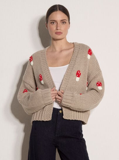 Mushroom Appliqu&eacute; Chunky Knit Cardigan