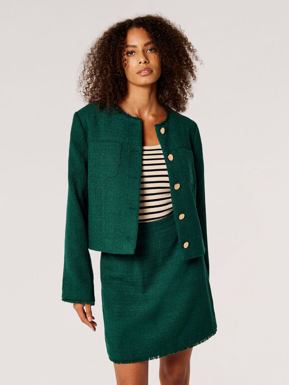 Kurz geschnittene Fransenjacke aus Tweed, Grün, Größe L