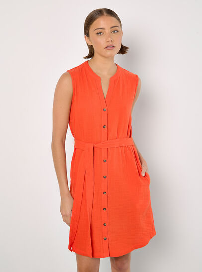 Textured Cotton Button Down Mini Dress