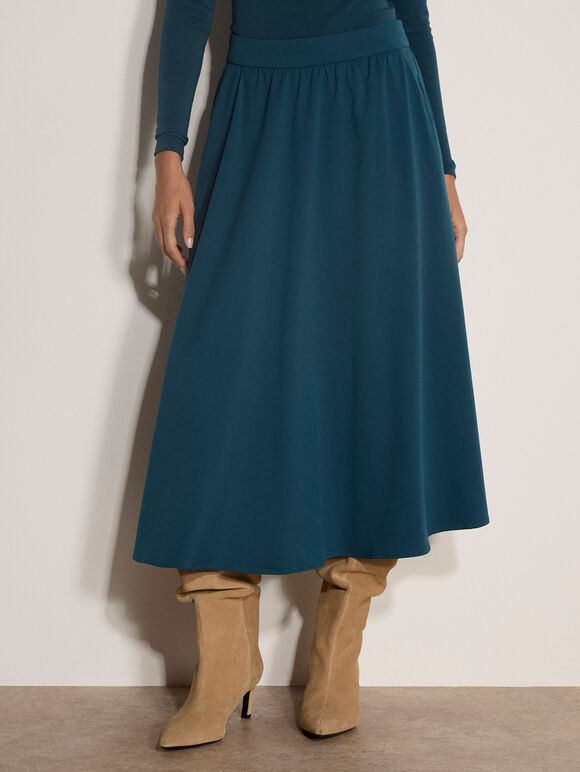 Brushed Twill A-Line Midi Skirt, Teal, large