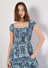 Milchmädchen-Maxikleid mit Schal-Print, Blau, Größe L