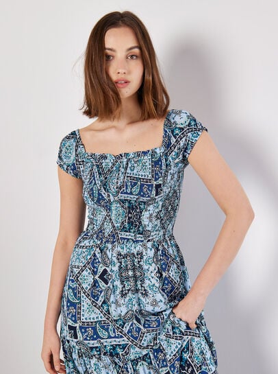 Milchmädchen-Maxikleid mit Schal-Print