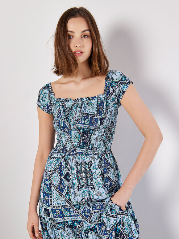 Milchmädchen-Maxikleid mit Schal-Print, Blau, Größe L