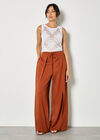 Linen Blend Wrap Wide-Leg Trousers, Rust, large