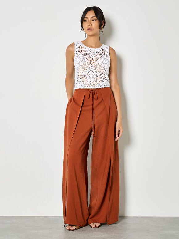 Linen Blend Wrap Wide-Leg Trousers, Rust, large