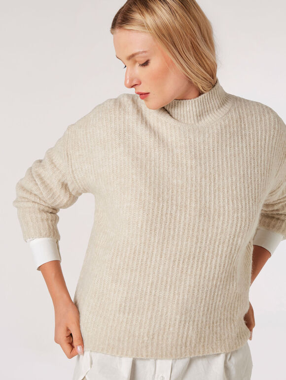 Chunky Knit Ribbed Jumper, Stone, large
