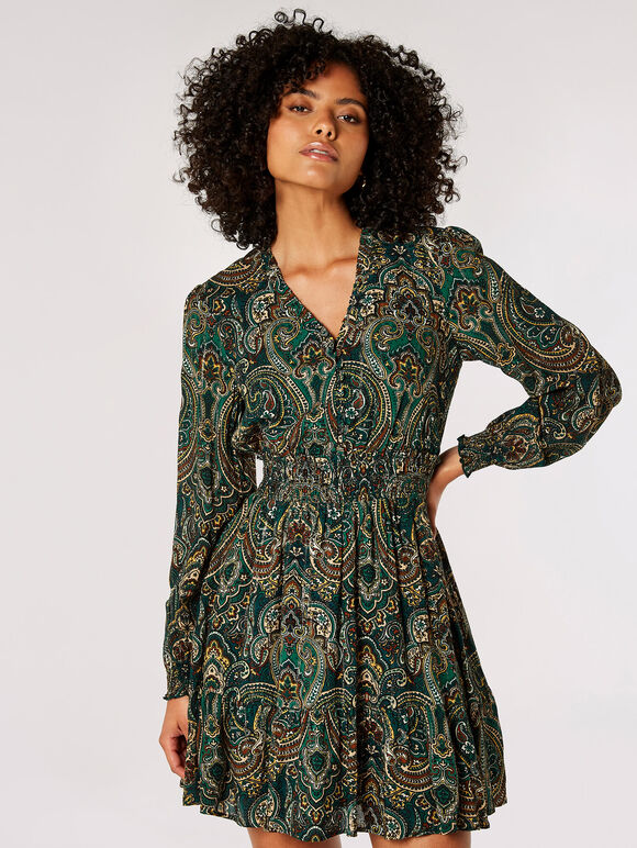 Paisley Print Ruffle Mini Dress, Green, large