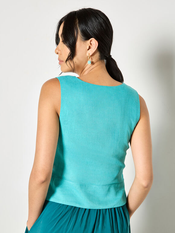 Tie Front Linen Waistcoat, Aqua - Turquoise, large
