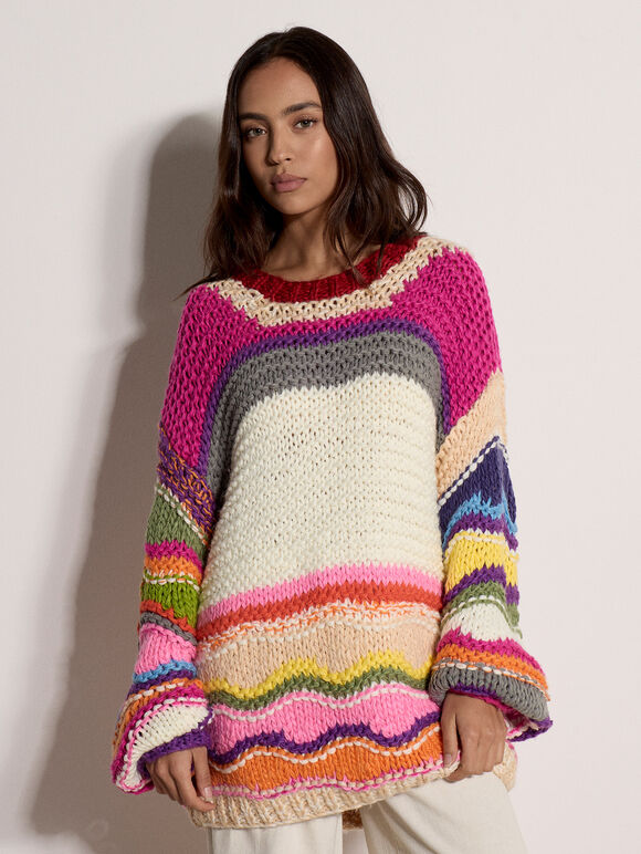 Multicoloured Wave Chunky Jumper, Assorted, large