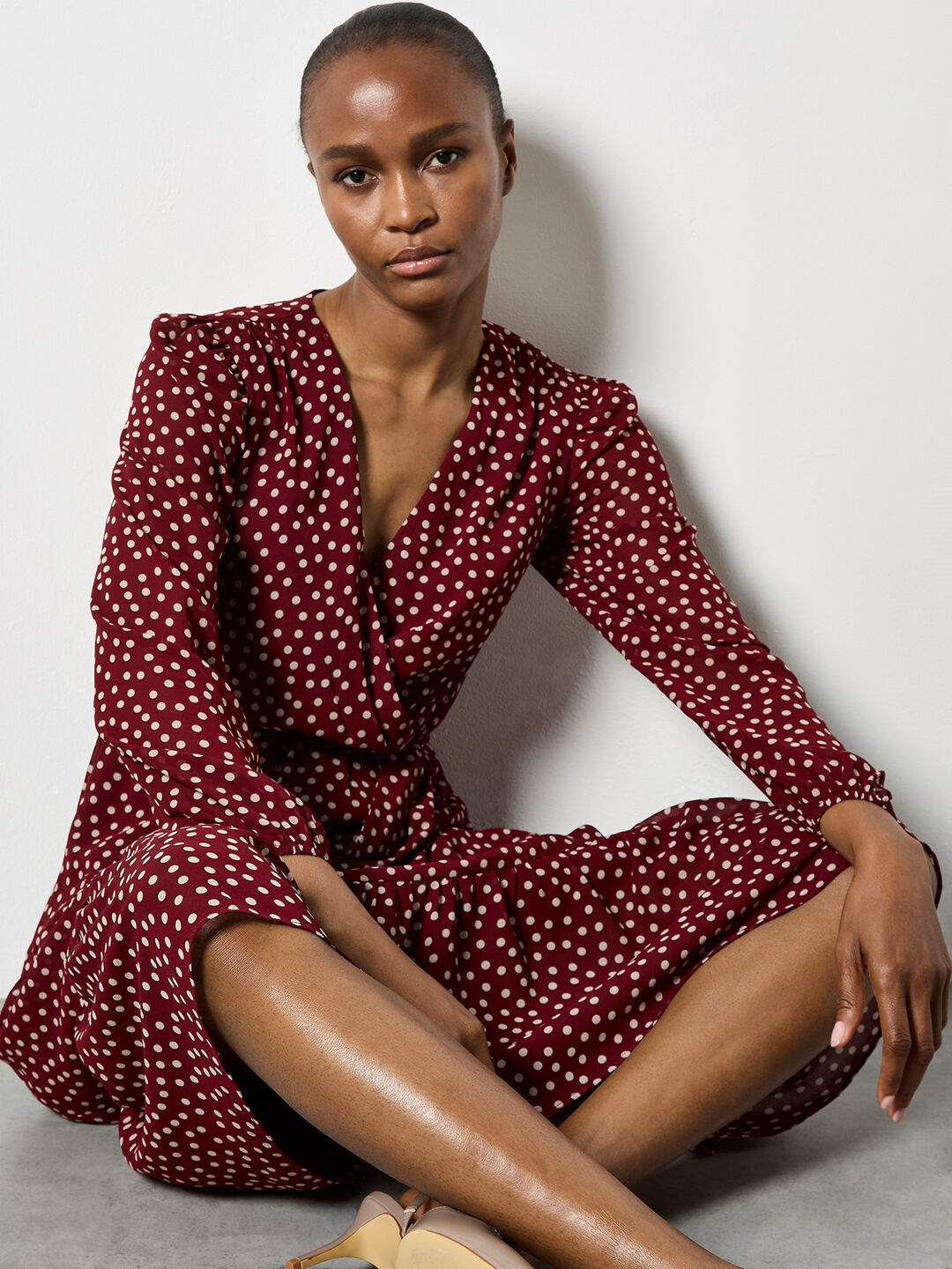 polka dot dress burgundy Chiffon Wrap Midi Size Medium