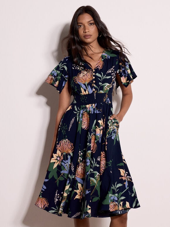 Botanical Floral Smocked Midi Dress, Navy, large