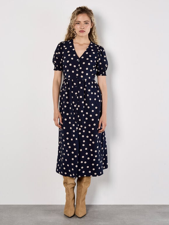 Polka Dot Button-Down Midi Dress, Navy, large