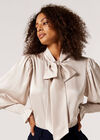 Balloon Sleeve Satin Blouse , Stone, large