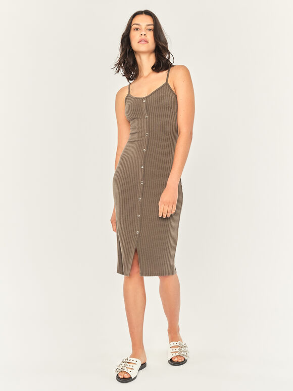 Ribbed Cami Midi Dress, Khaki, large