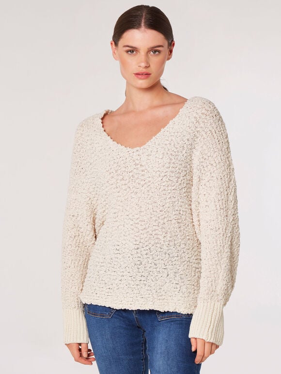 Popcorn Knit Batwing Jumper, Stone, large