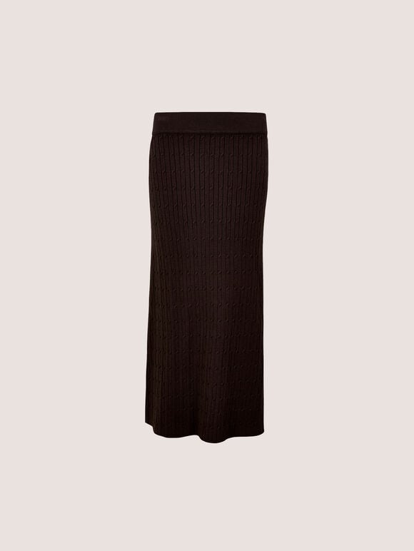 Fine Knit Cable Midi Skirt, Brown, large