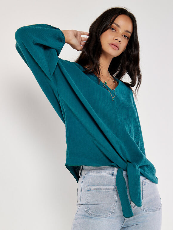 Cotton Oversized Tie Hem Top, Teal, large