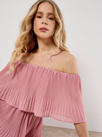Plisse Tiered Bardot Mini Dress