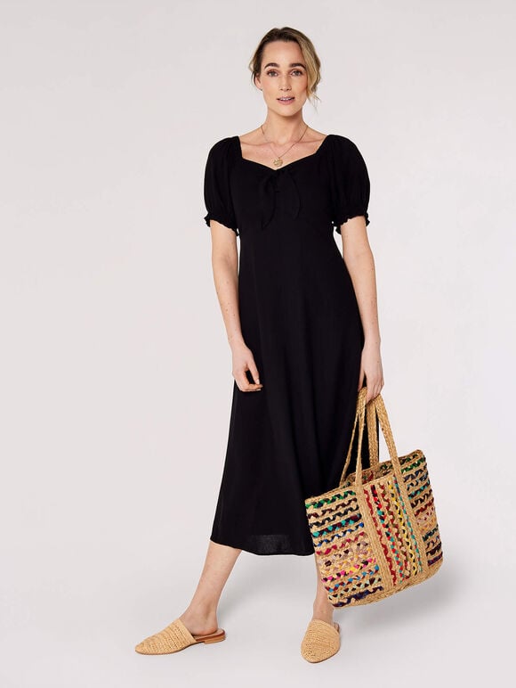 Tie Detail Milkmaid Midaxi Dress, Black, large